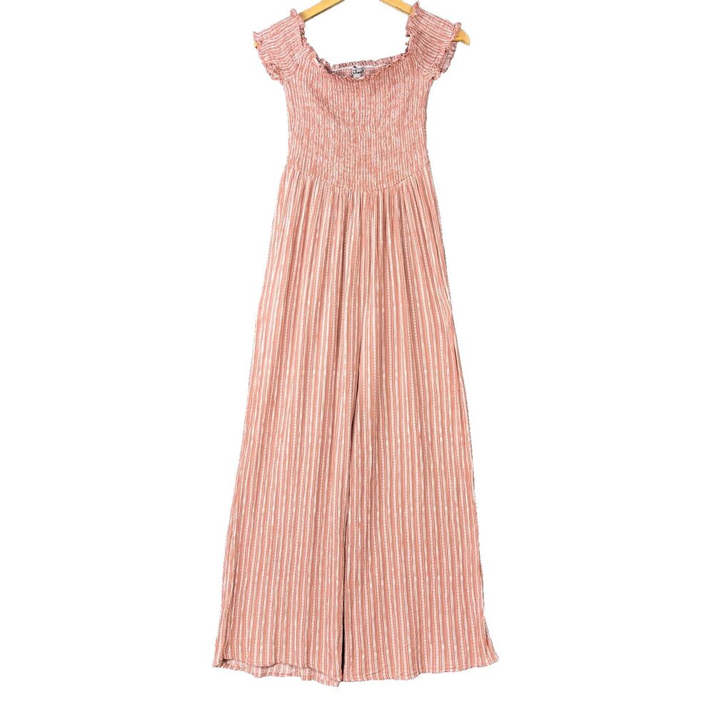 J For Justify Smocked Jumpsuit Womens XL Pink White Vertical Stripe Wide Leg